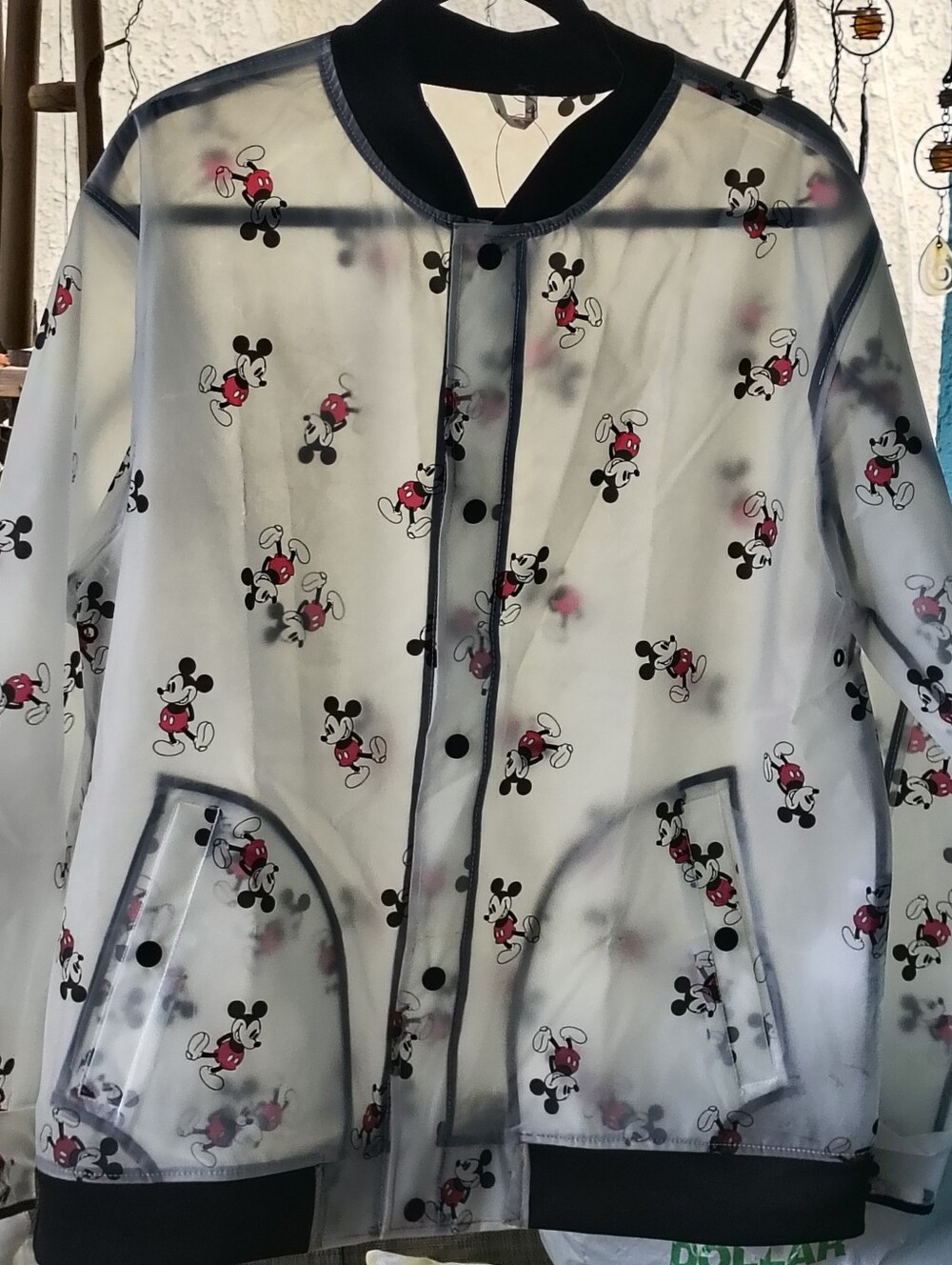 NWT Disney Parks translucent Mickey Mouse all-over print bomber rain jacket Sz L